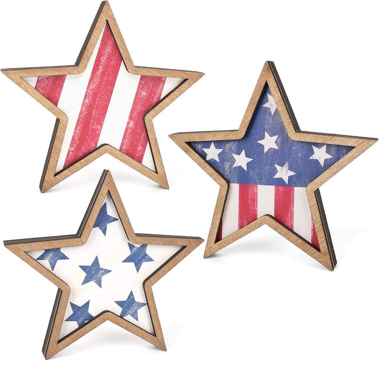 Set of 3 - 4th of July Decorations Wooden Stars Red White Blue